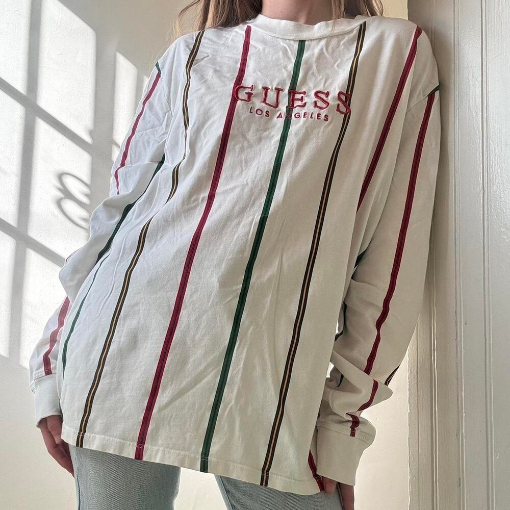 Vintage Guess Striped Long Sleeve Logo Shirt Size Medium 1990s